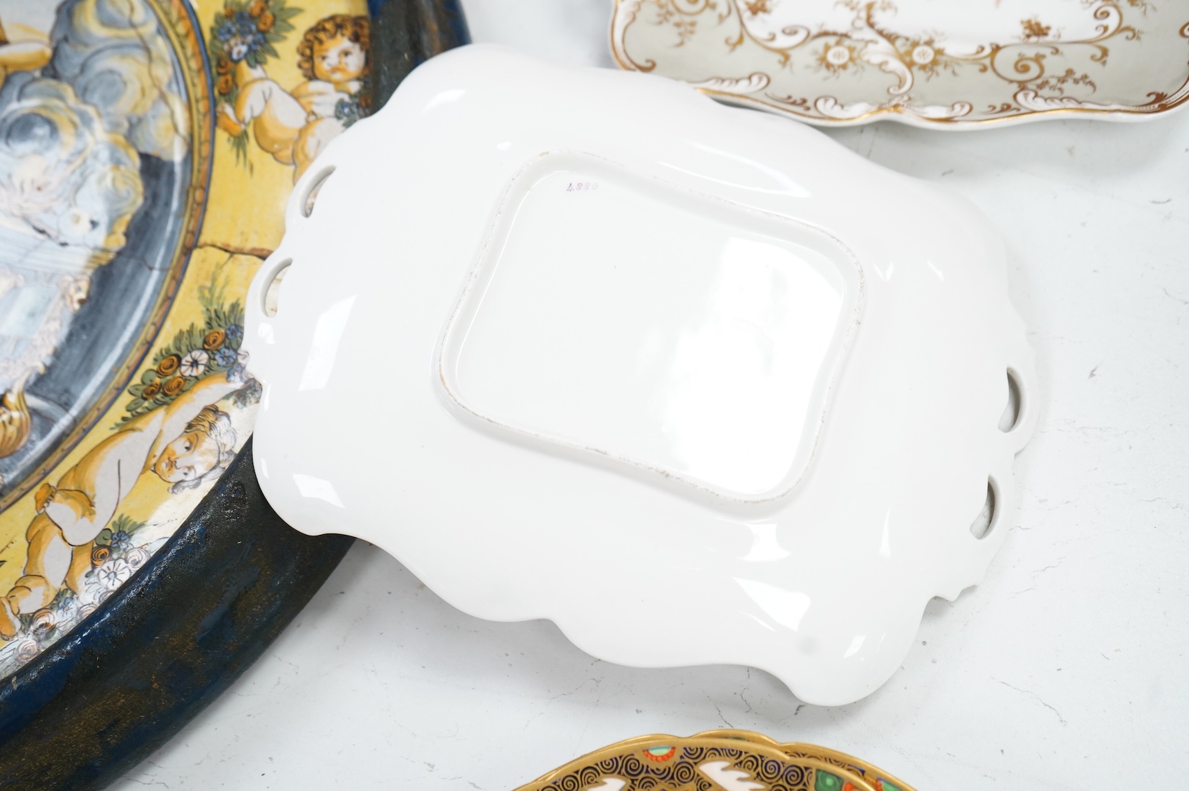 A pair of Spode 967 pattern Imari dishes and pair of Ridgway floral dessert dishes, largest 27cm wide